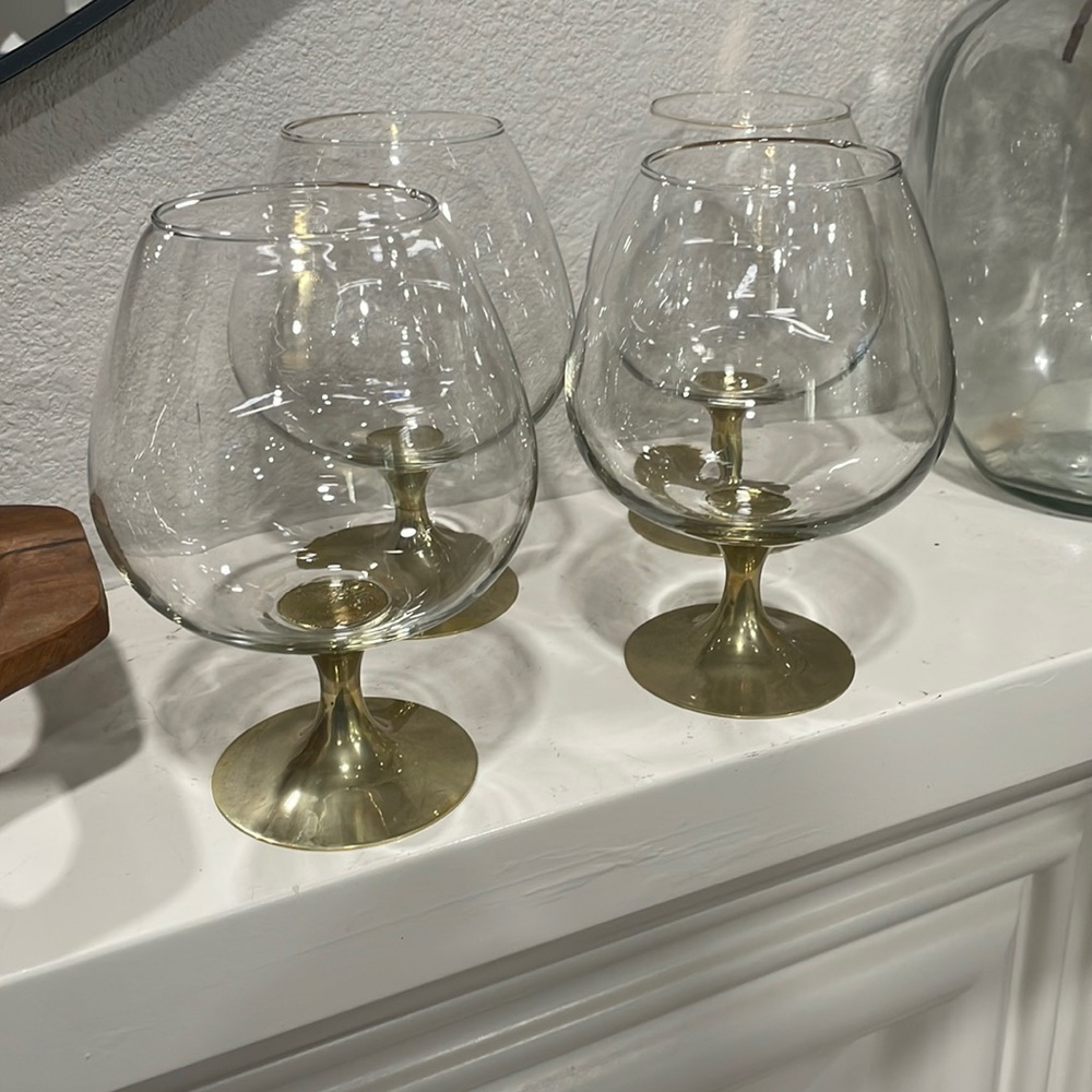 Vintage MCM Brass Stem Brandy Snifter Glasses Set of 6 Cognac Barware